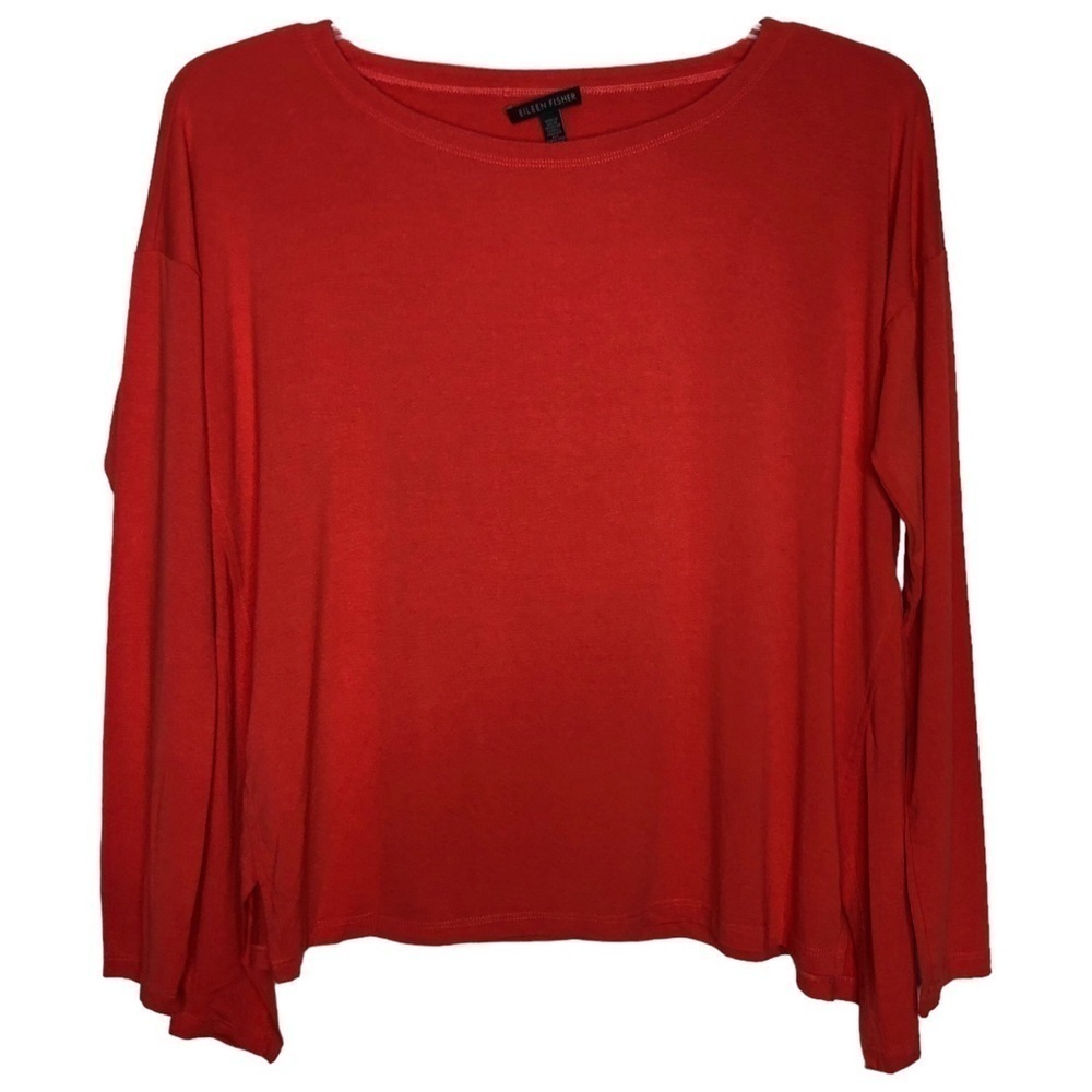 EILEEN FISHER - Deep Orange Boat Neck Long Sleeve Viscose Blend Top - Size Small